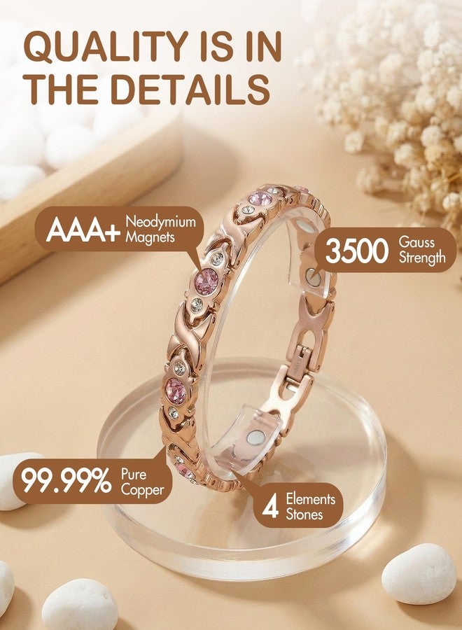 Feraco Pure Copper Bracelets for Women, 4 Elements Magnetic Bracelet with 3800 Gauss Neodymium Magnets & Dazzling Crystals, Adjustable Jewelry Gift (Rose Gold) - Image 4
